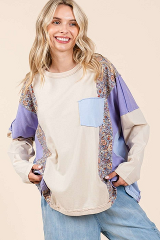 Paisley Patchwork Cut Edge Long Sleeve Top