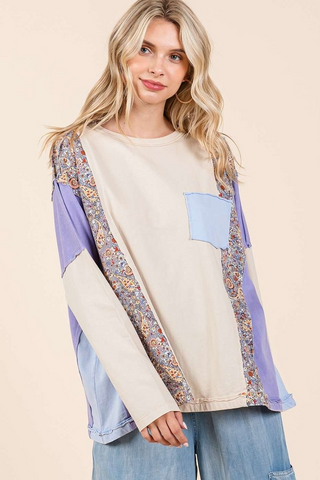 Paisley Patchwork Cut Edge Long Sleeve Top